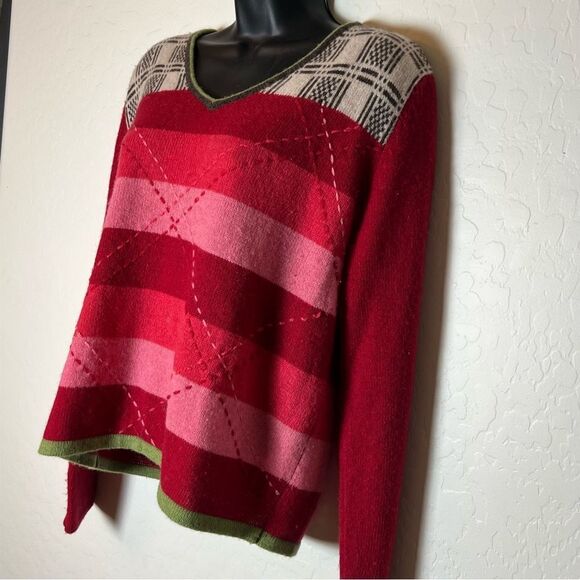 Y2K 90s Sweater Plaid Stripe Wool pink Contrast Boxy Oversized V Neck Express L - Picture 2 of 15